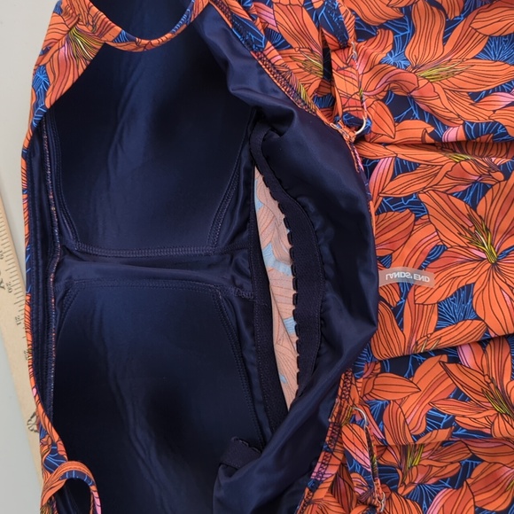 Lands End, orange and blue Lily pattern Blouson tankini top. 14 - Picture 8 of 10